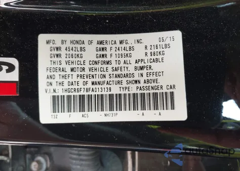 2015 Honda Accord Hybrid Touring z USA, uszkodzony, nr VIN 1HGCR6F78FA013139